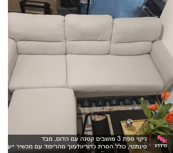 ספה אפורה עם שולחן קטן ופרחים כתומים